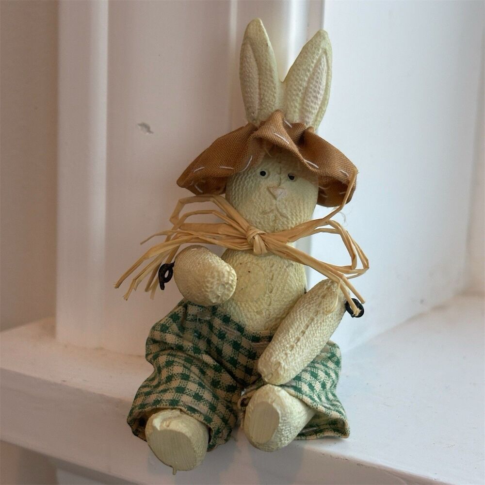 Primitive 4" Faux Fabric Ceramic Bunny Figurine Easter Farmhouse Tiered Tray